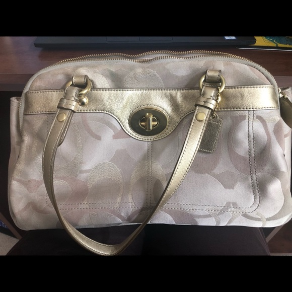 Coach #F18475 Cream gold Leather trim shoulder bag - Picture 1 of 6